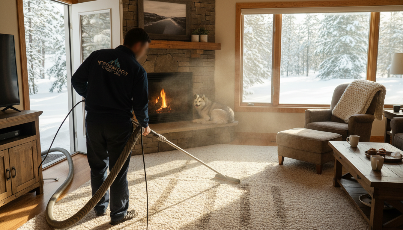 Professional carpet cleaning service arriving at a North Bay home during winter with truck-mounted equipment