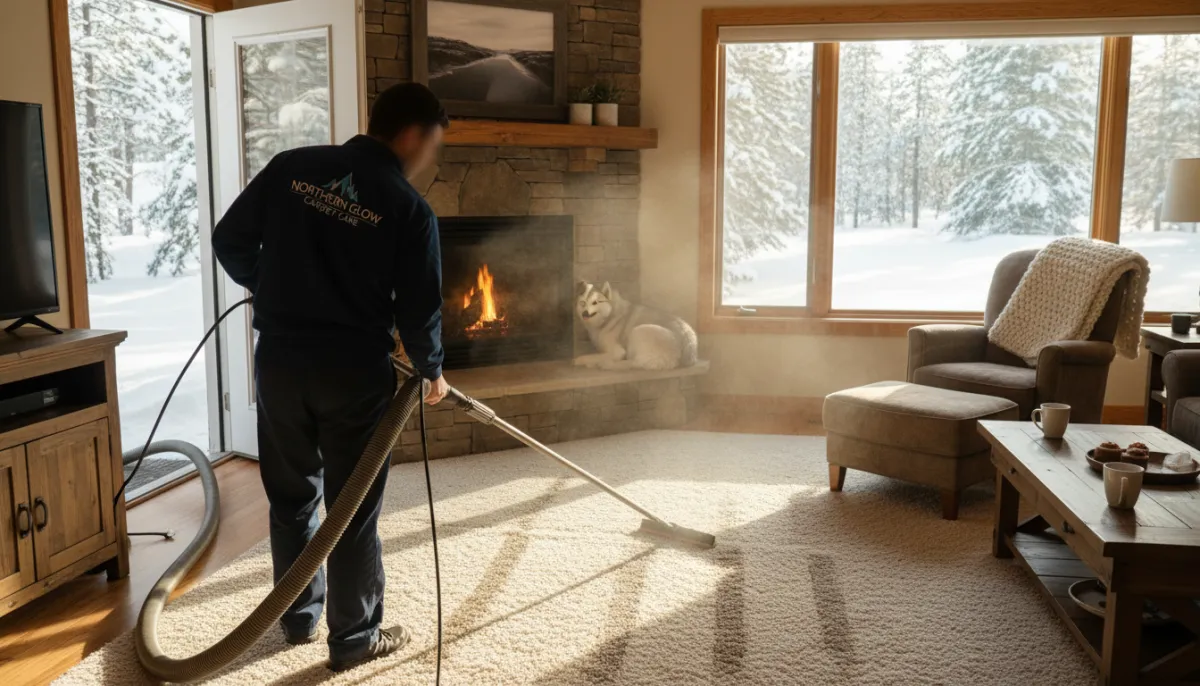 Professional carpet cleaning service arriving at a West Nipissing home during winter months for deep carpet extraction