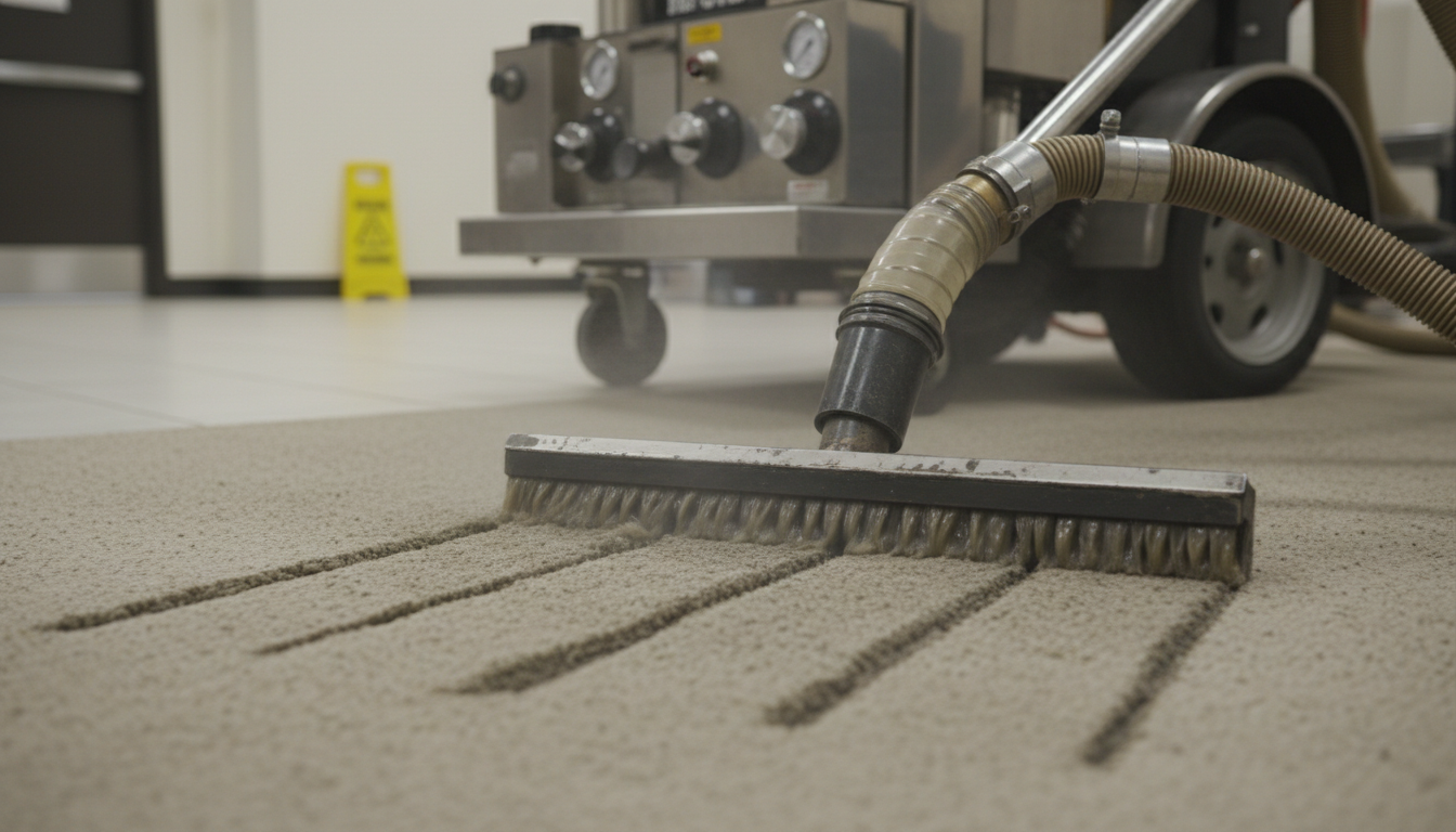 Truck-mounted carpet cleaning extraction process removing embedded dirt from carpet fibres in North Bay home